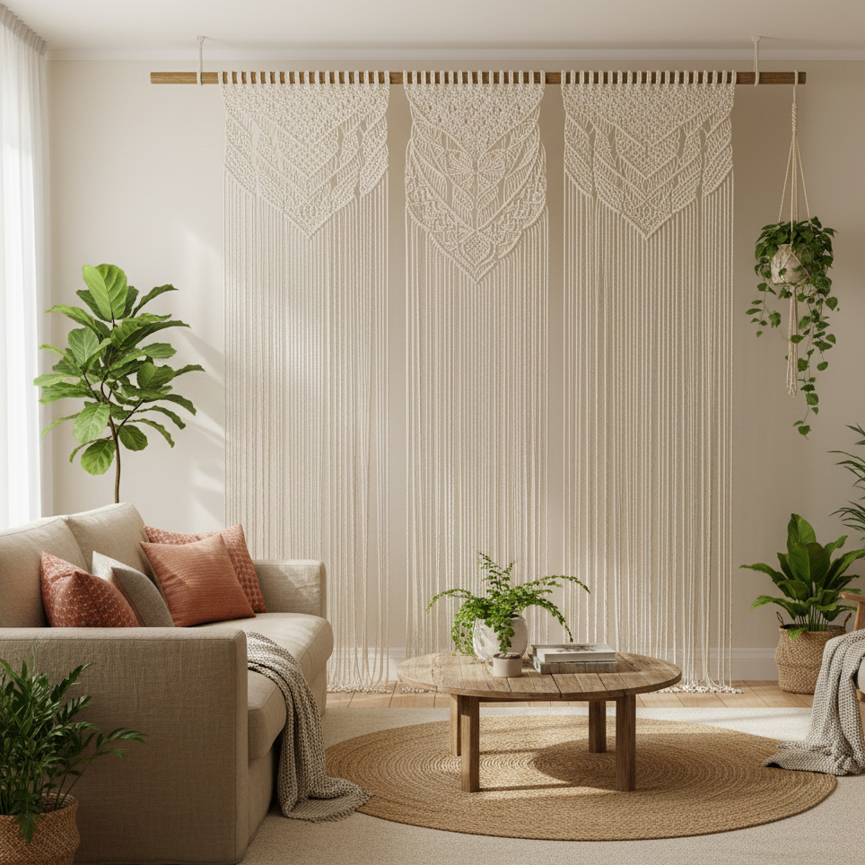 Macramé rideau artisanal en coton dans salon bohème-chic - décoration intérieure chaleureuse