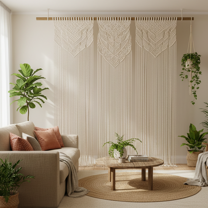 Macramé rideau artisanal en coton dans salon bohème-chic - décoration intérieure chaleureuse