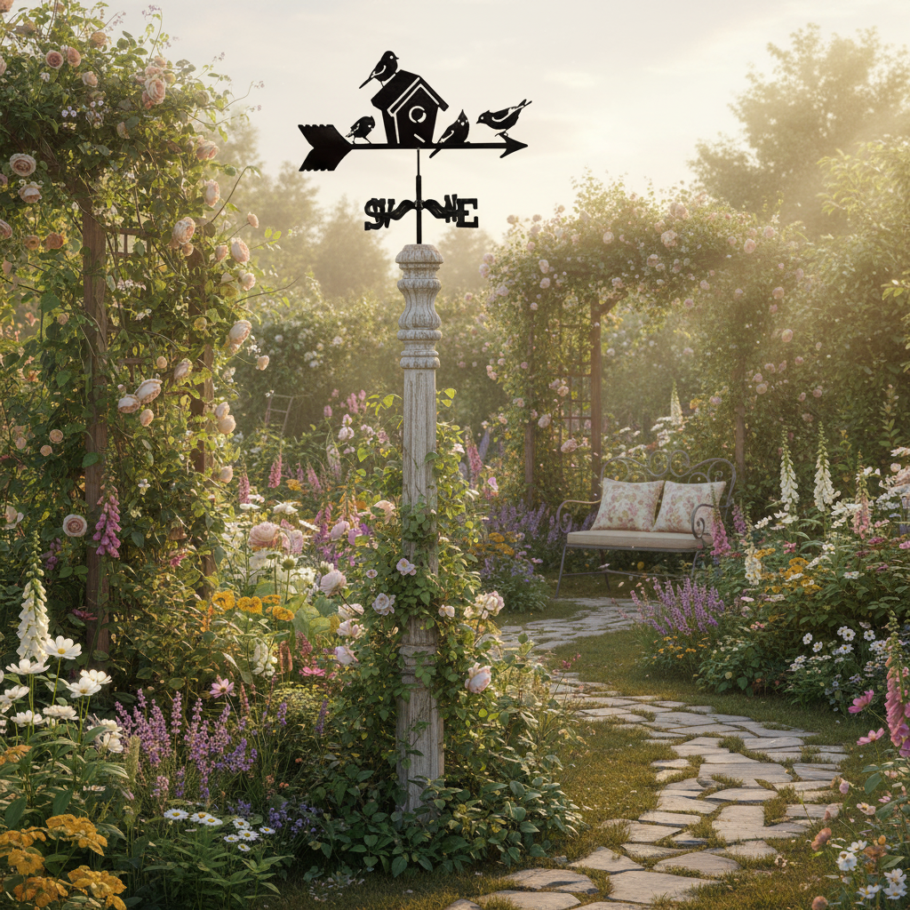 Girouette oiseau dans jardin bohème-chic avec plantes grimpantes - ambiance cottage romantique