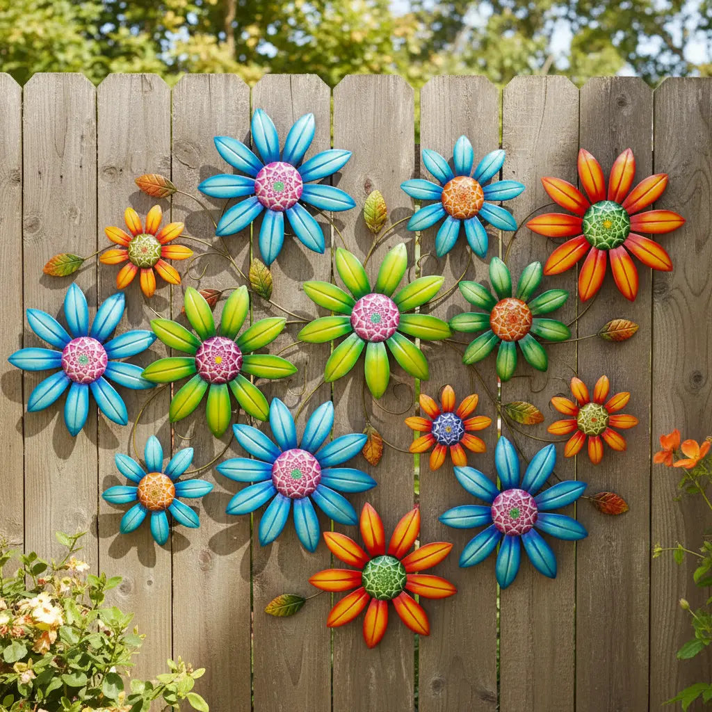 Décoration extérieur jardin composition artistique fleurs métal multicolores mur extérieur
