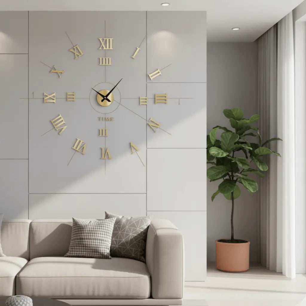 Horloge murale numérique DIY chiffres or salon au-dessus canapé décoration
