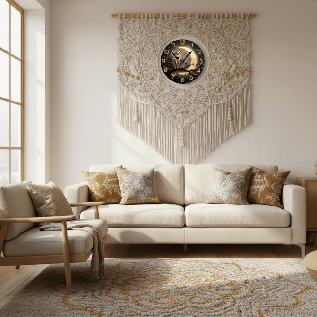 Horloge murale hibou lune salon bohème design fantastique au-dessus canapé