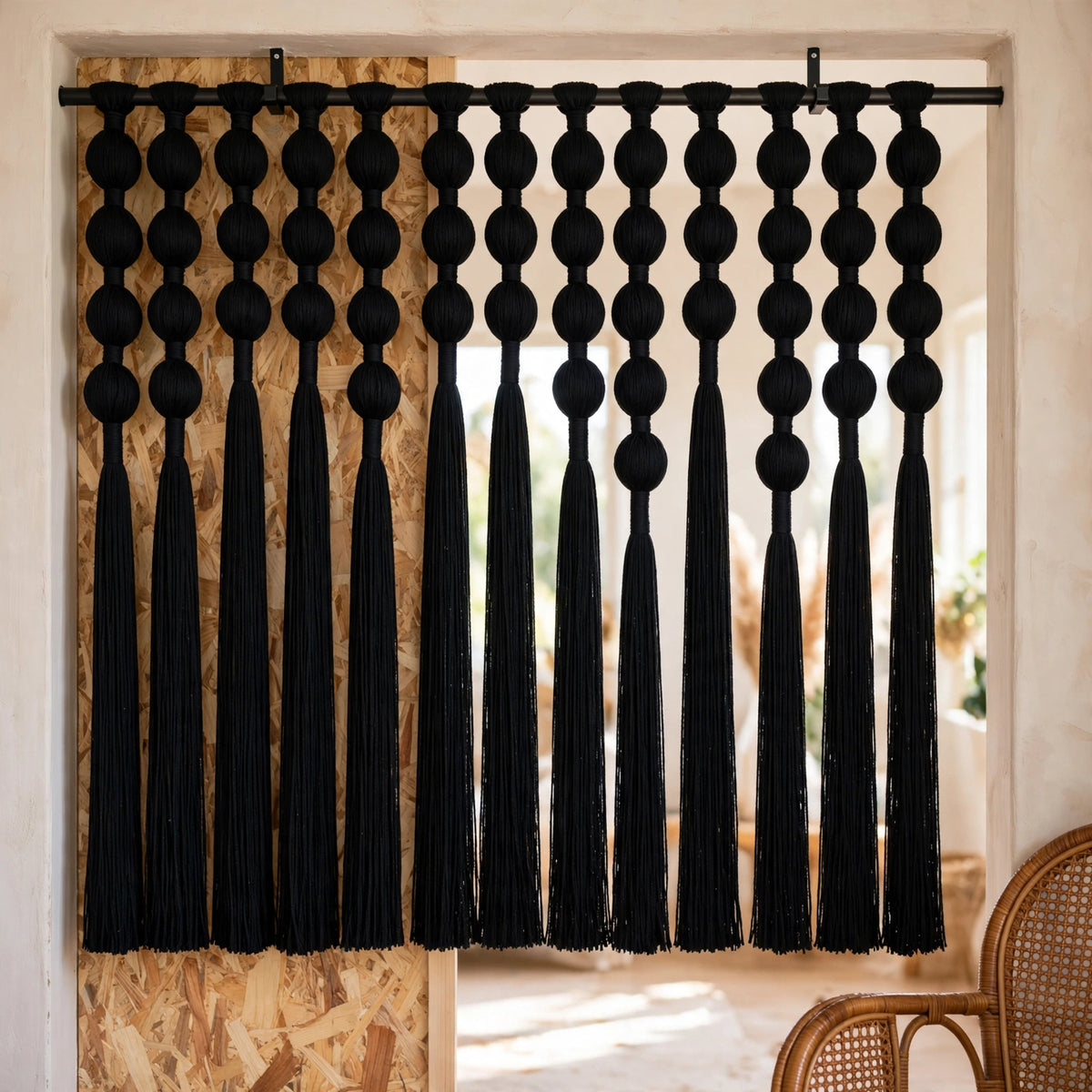 Rideau en macramé noir installé dans l'encadrement d'une porte
