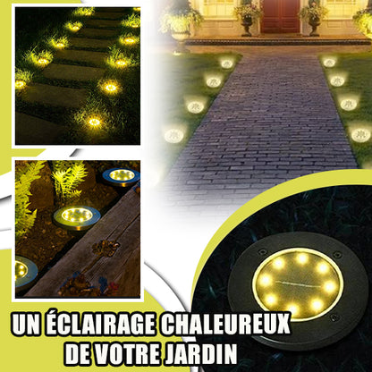 Les lampes de chemin de Mafrenesiedecoration illuminent un chemin de jardin avec un éclairage chaleureux. Les encarts montrent des lampes solaires de sol Light-Disk™ intégrées le long des bords, offrant une protection IP65 et marquées comme « un éclairage chaleureux de votre jardin ».