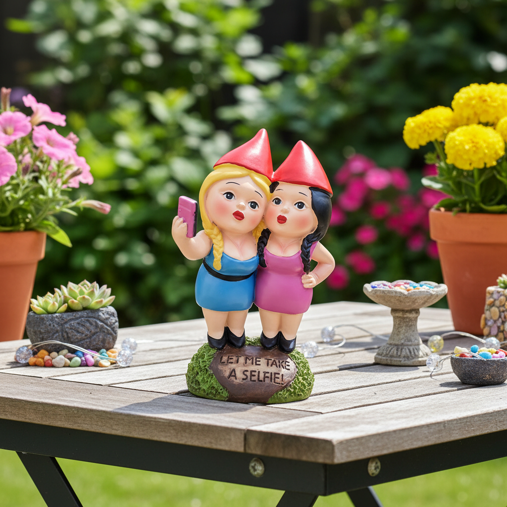 Nain de jardin femme atmosphère joyeuse moderne humour contemporain