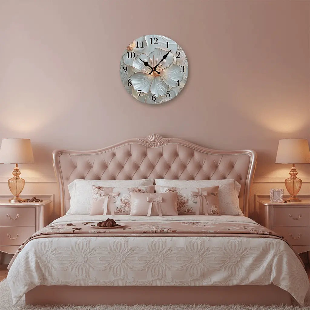 Horloge murale originale florale dorée chambre romantique au-dessus lit apaisante