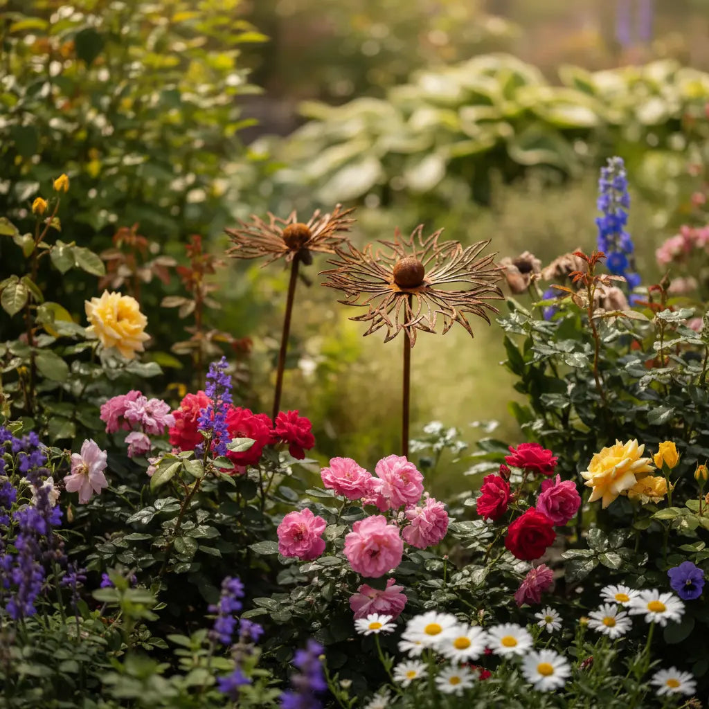 Décoration jardin fleur métal installée dans massif rosiers plantes vivaces ambiance lifestyle