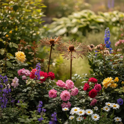 Décoration jardin fleur métal installée dans massif rosiers plantes vivaces ambiance lifestyle
