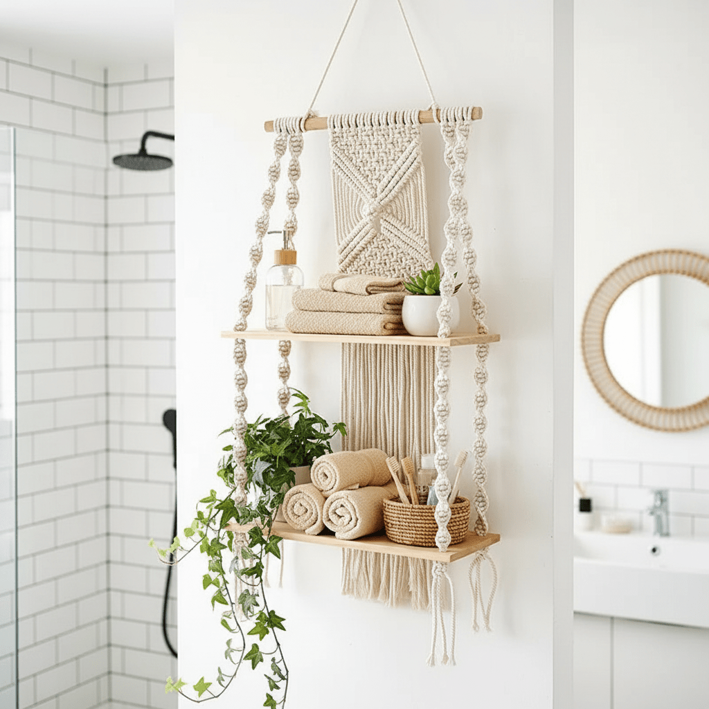 Étagère murale salle de bain macramé bohème beige avec serviettes et plantes, rangement tissé main style spa naturel