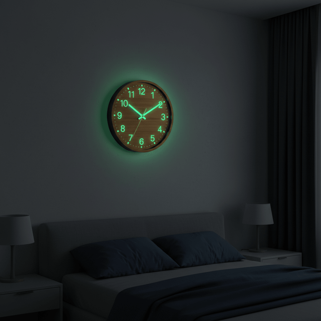Horloge murale effet bois phosphorescente lueur verte chambre nuit silencieuse