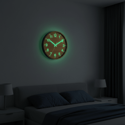 Horloge murale effet bois phosphorescente lueur verte chambre nuit silencieuse