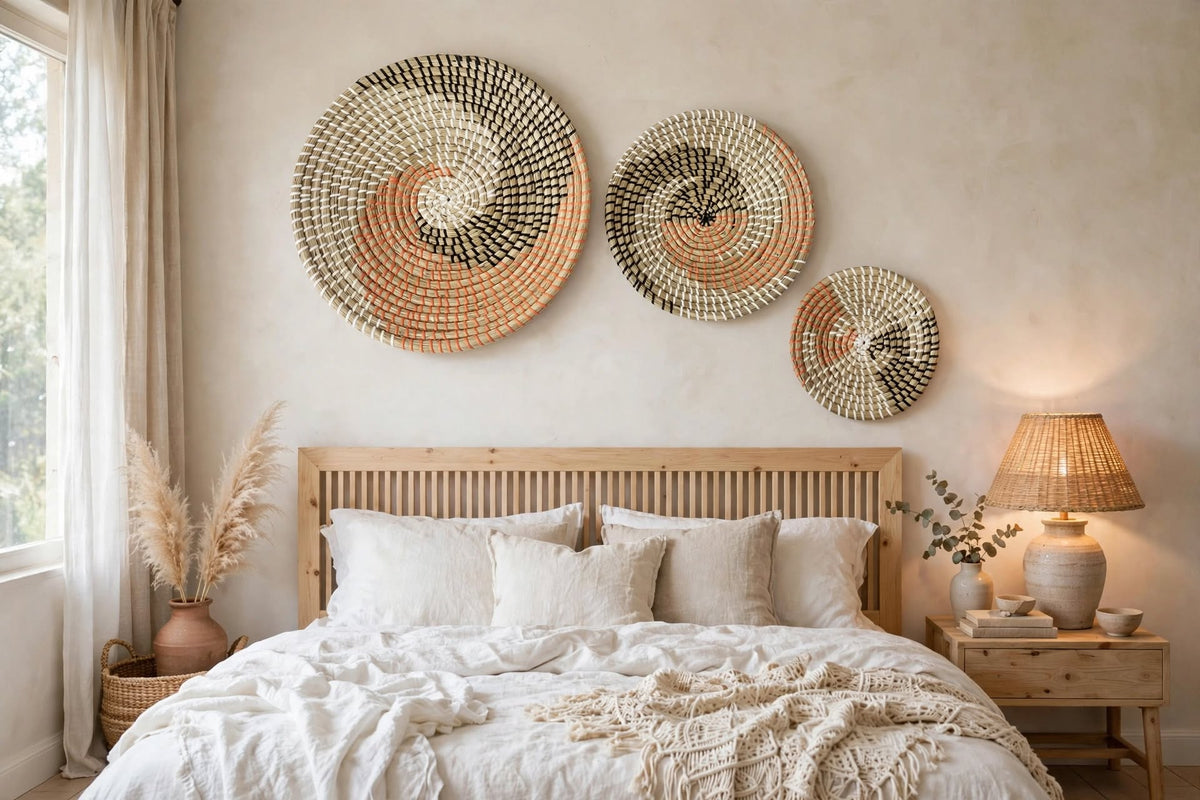 Decoration murale en osier : 3 plats tressés au-dessus d'une tête de lit en bois clair dans une chambre