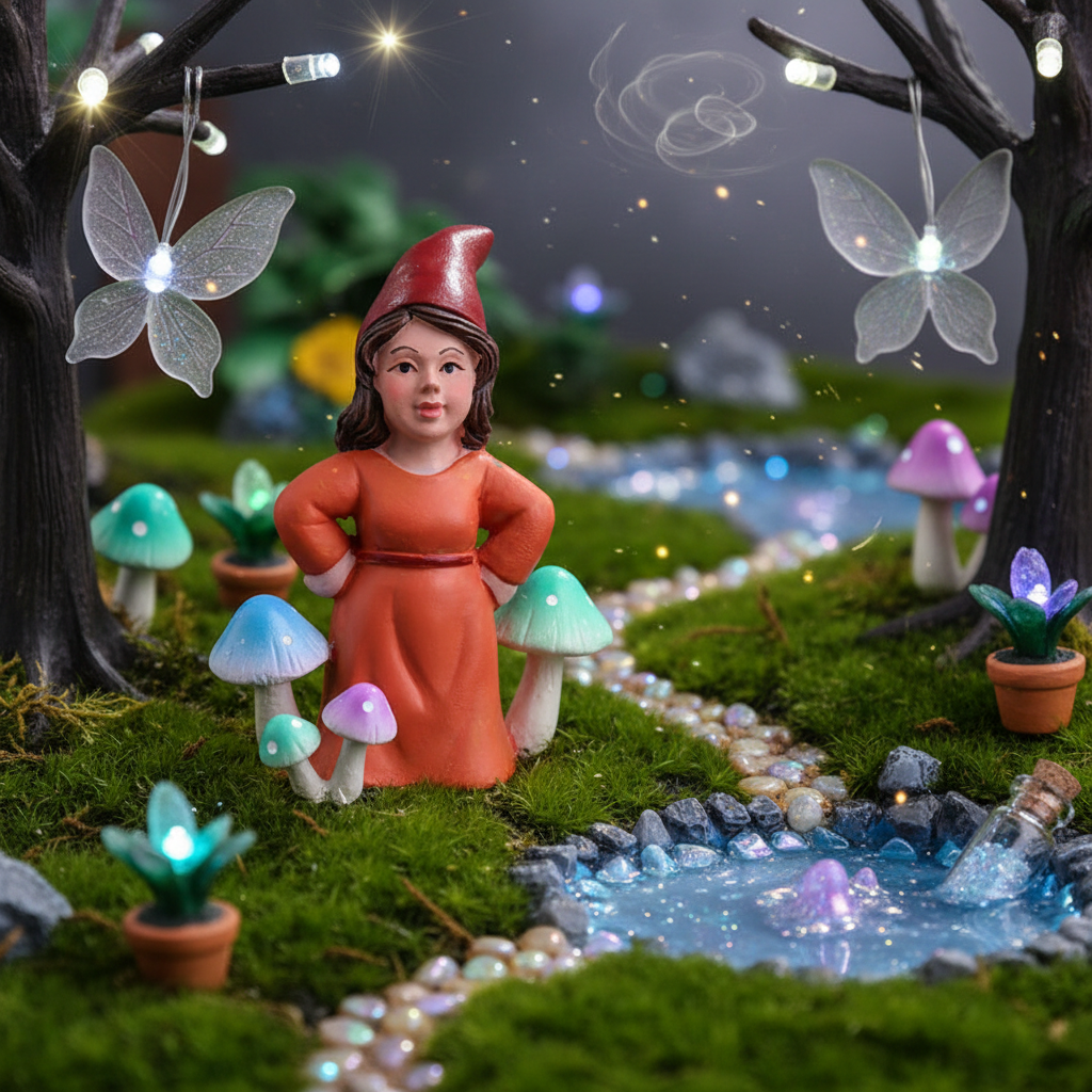 Nain de jardin femme atmosphère féerique enchantée magie miniature