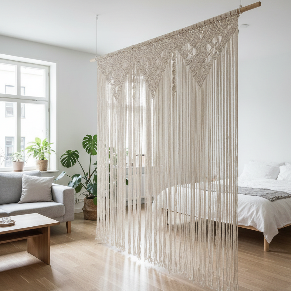 Macramé rideau séparateur d'espace loft nordique-minimaliste - division élégante fonctionnelle