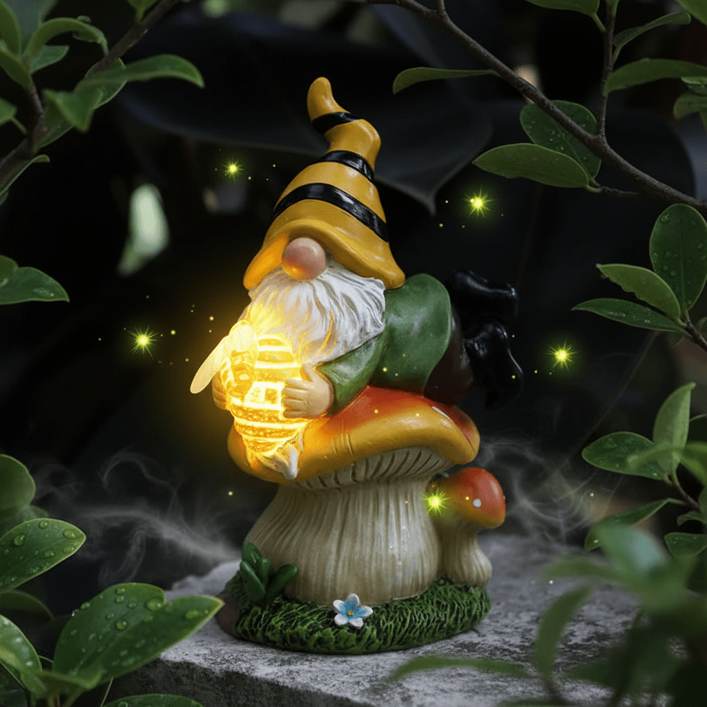 Grand nain de jardin pot miel lumineux nuit ambiance ambre féerique