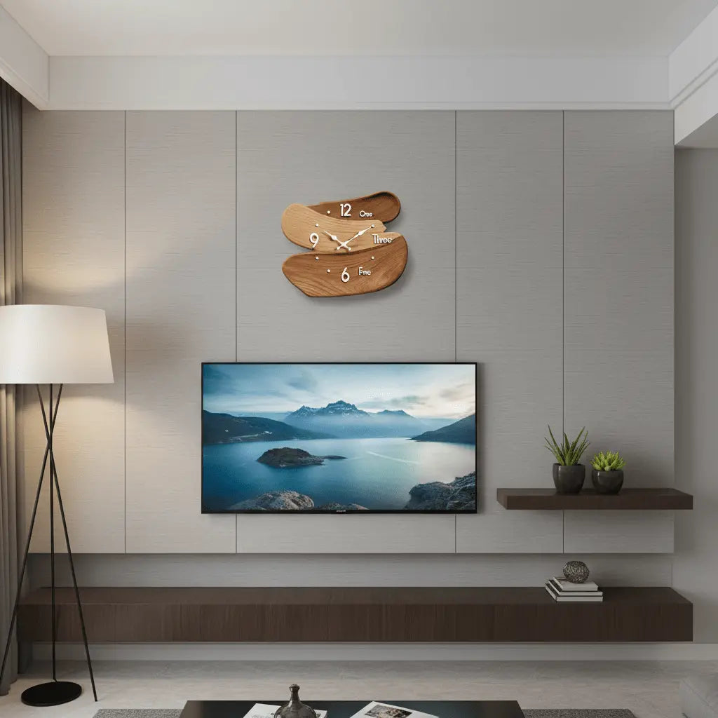 Grande horloge murale bois 3D kaki salon contemporain fond TV décoration artistique