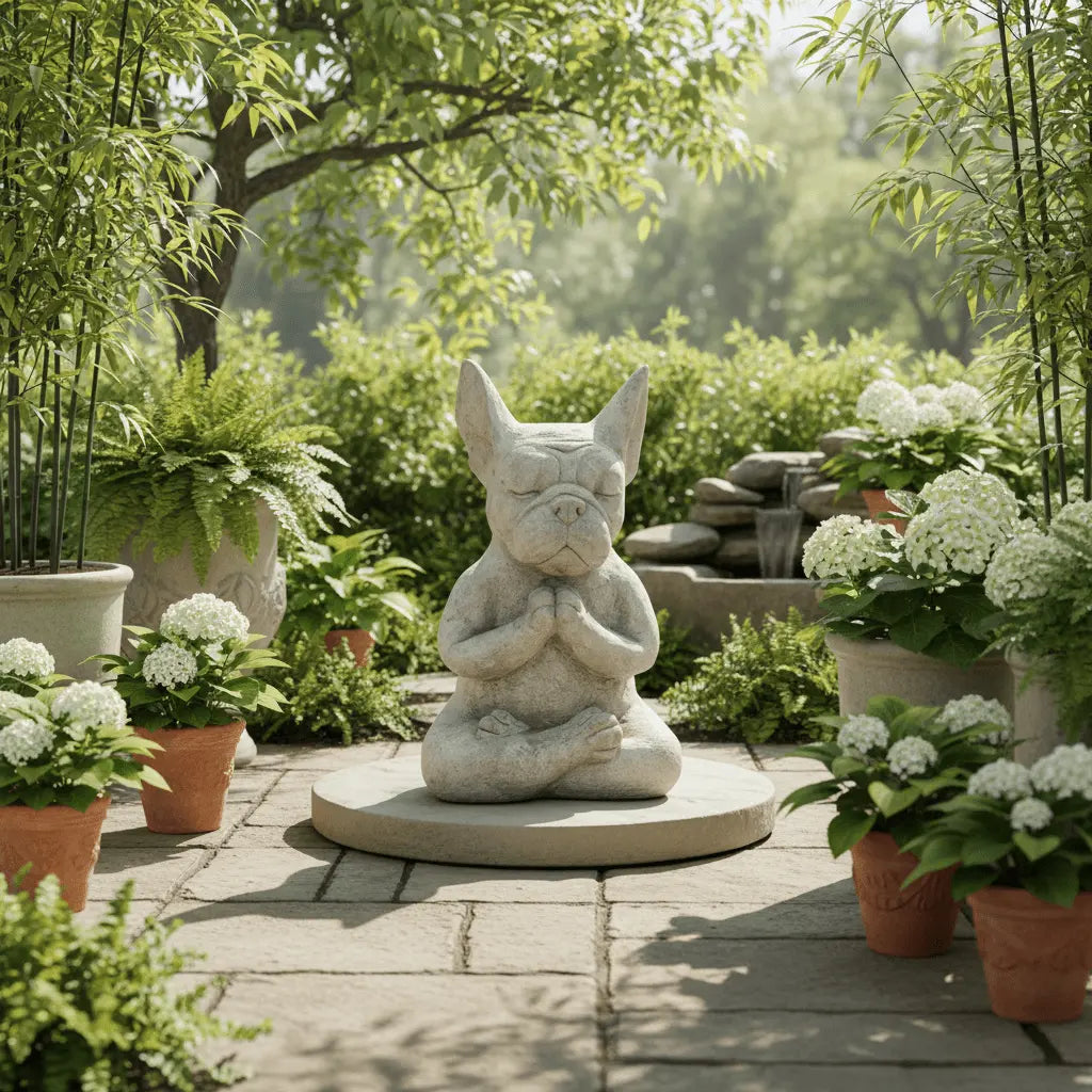Décoration extérieur jardin bouledogue zen résine méditation sculpture apaisante