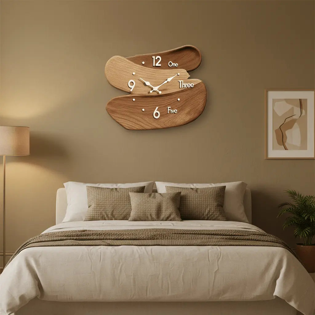 Grande horloge murale bois 3D kaki chambre atmosphère artistique apaisante