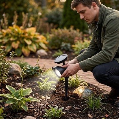 lampe-solaire-jardin-haut-de-gamme-projecteur-caracteristiques-18LED-200lm-batterie-2200mAh-IP65