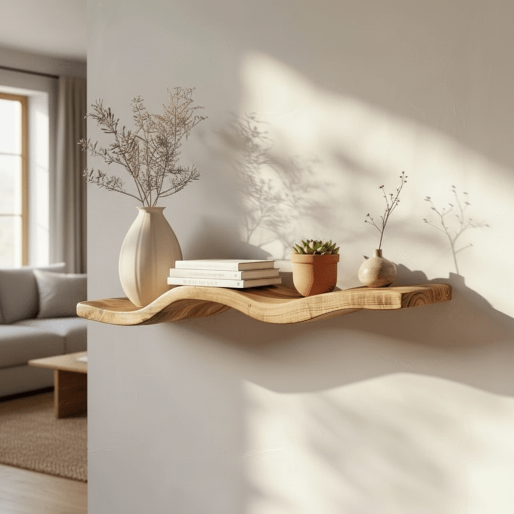 étagère flottante bois bord naturel ondulé dans salon moderne avec vases céramiques plantes livres grain bois chaleureux