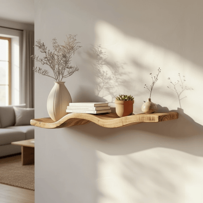 étagère flottante bois bord naturel ondulé dans salon moderne avec vases céramiques plantes livres grain bois chaleureux