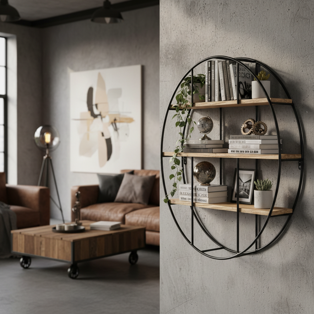 Étagère murale ronde salon bois avec structure métallique, rangement flottant pour livres et plantes style loft industriel vintage