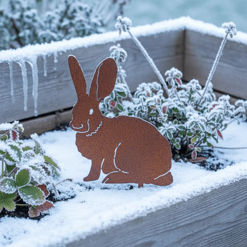 Jardin hiver décoration jardin lapin métal émergeant neige présence permanente