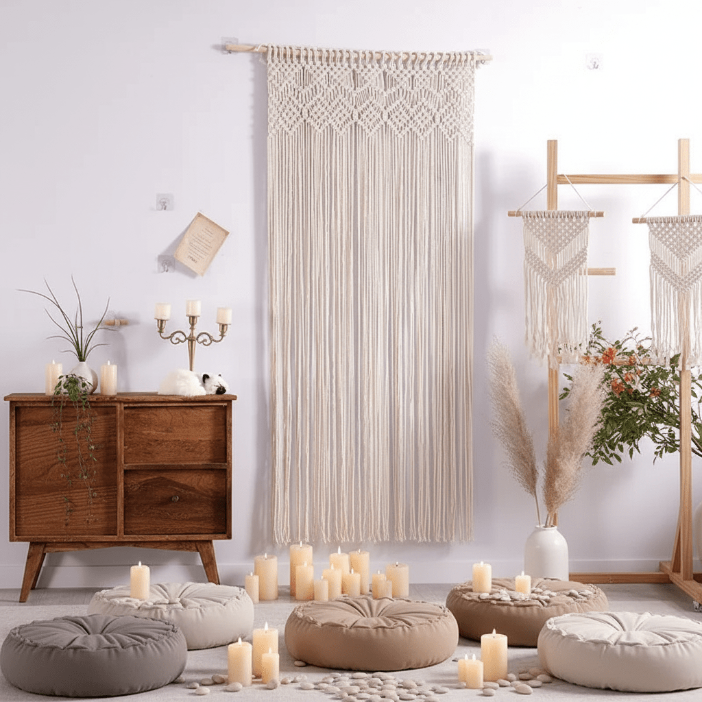 Rideau macramé bohème beige pièce zen coussins méditation bougies décoration minimaliste apaisante