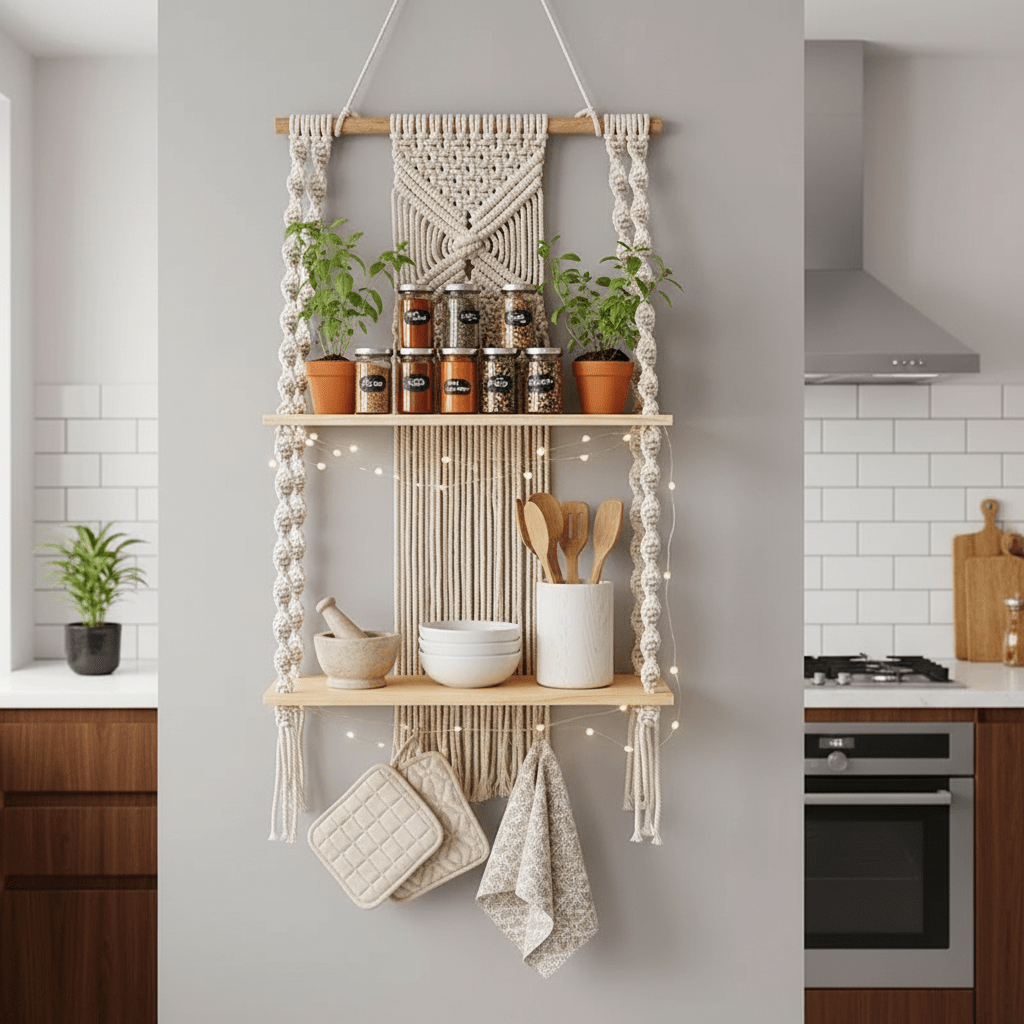 Étagère cuisine murale bohème macramé beige 2 niveaux bois avec épices et plantes aromatiques, rangement artisanal tissé main