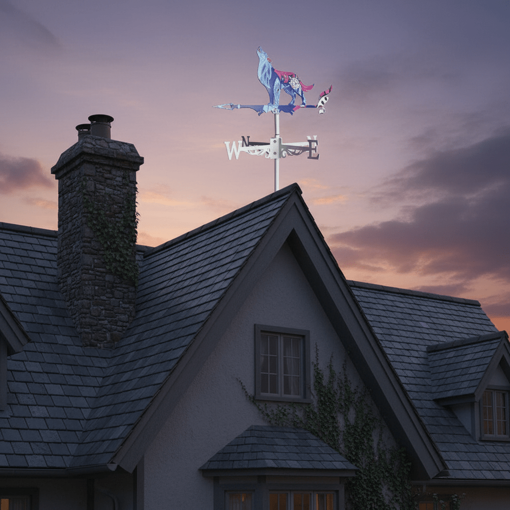 Girouette animal loup en métal installée sur toit cottage au crépuscule - décoration extérieure majestueuse