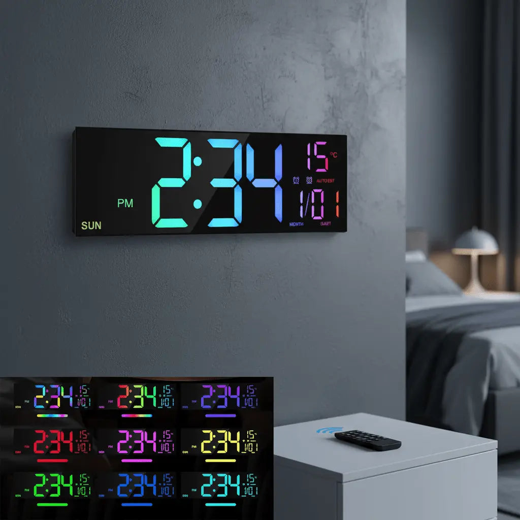 Horloge murale numérique LED géante 40cm multicolore RGB heure date température salon