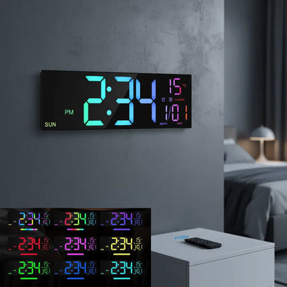 Horloge murale numérique LED géante 40cm multicolore RGB heure date température salon