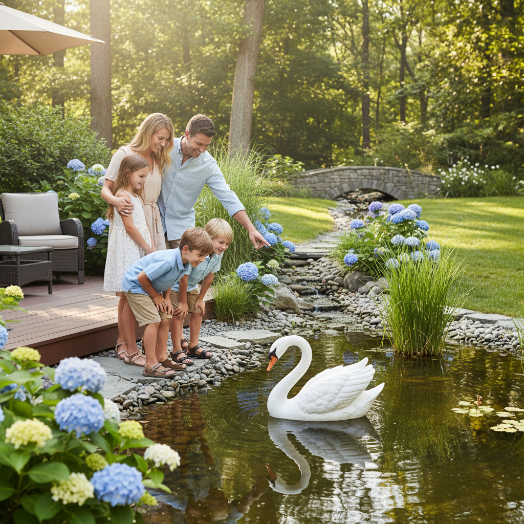 Décoration pour extérieur cygne résine famille admirant sculpture jardin bassin lifestyle