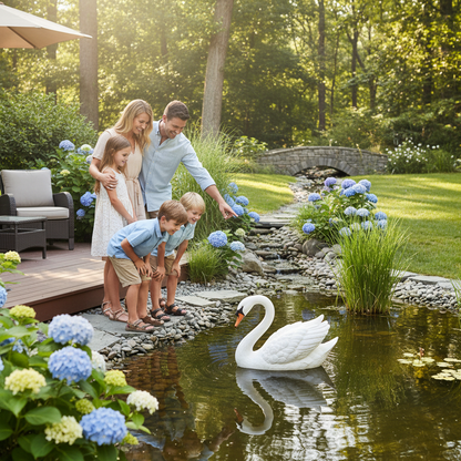 Décoration pour extérieur cygne résine famille admirant sculpture jardin bassin lifestyle