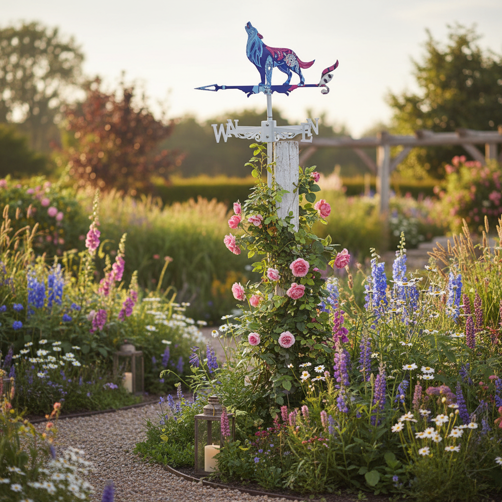 Girouette animal loup dans jardin bohème-chic avec plantes grimpantes - ambiance cottage sauvage