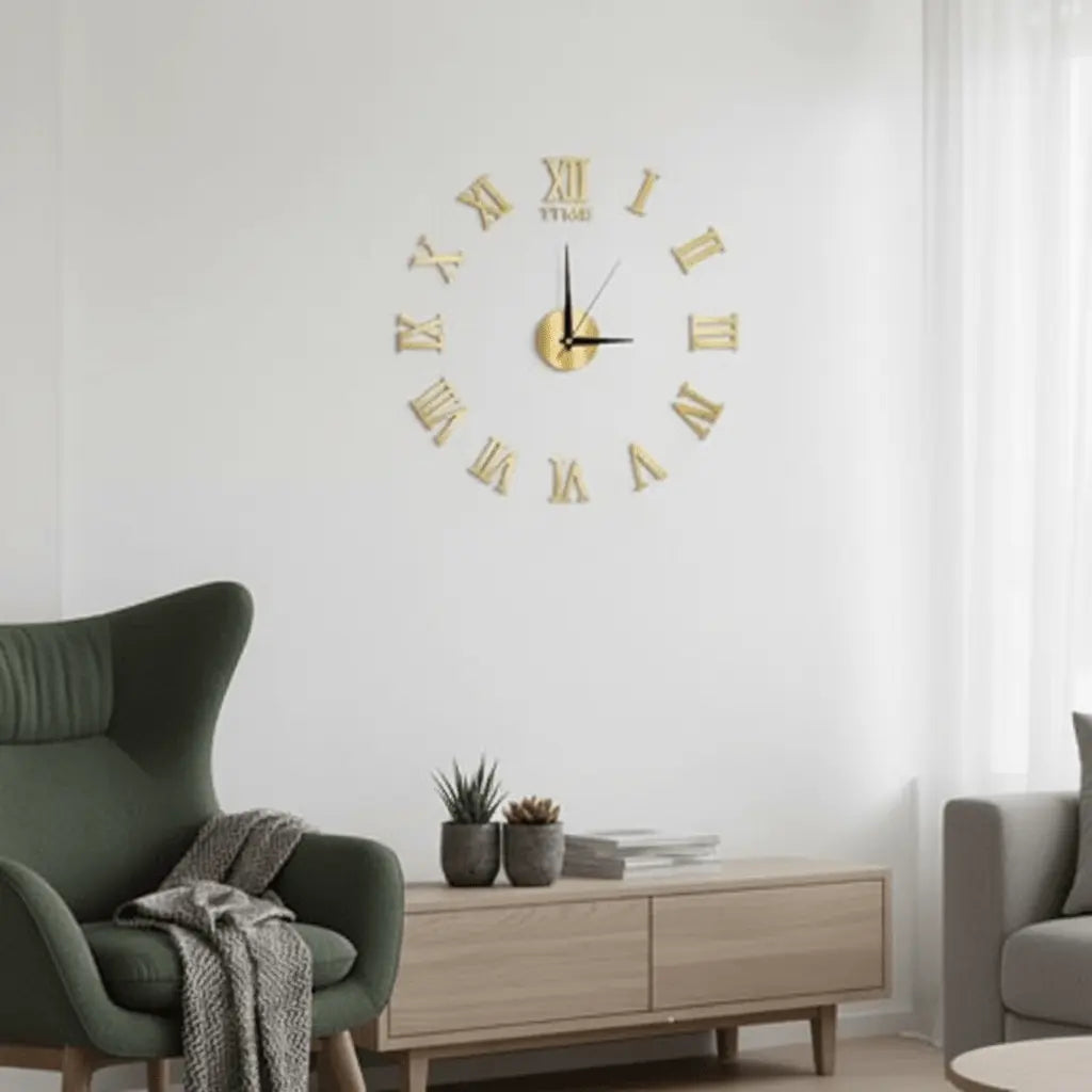 Horloge murale numérique DIY chiffres repositionnables finition or mur blanc