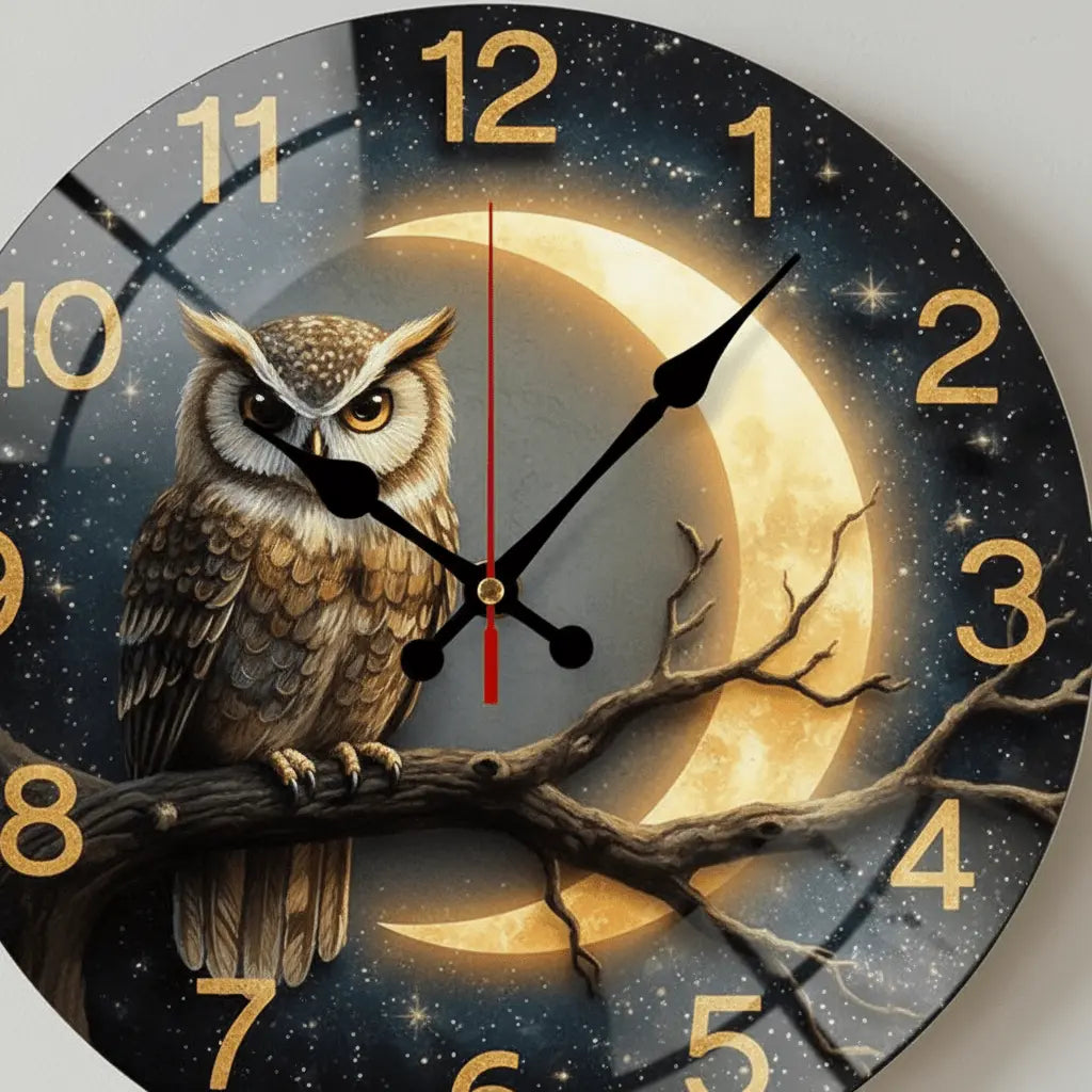 Horloge murale hibou doré détail artistique lune argentée qualité finition