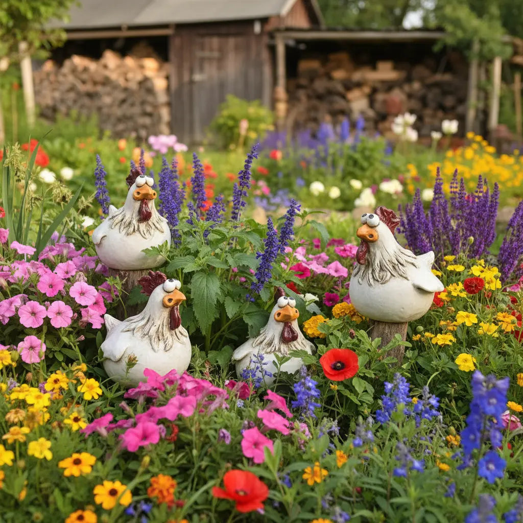 Sculpture poule résine décoration jardin blanc cassé brun orange massif fleurs jardin champêtre rustique