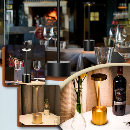 Un collage montre des tables faiblement éclairées avec la Lampe de table tactile rechargeable à USB/Night-Lightᵀᴹ de Mafrenesiedecoration. Les décors comprennent des bouteilles de vin, des verres et des fleurs décoratives, dégageant une ambiance chaleureuse et élégante rehaussée par la lueur chaleureuse de la lampe Night-Lightᵀᴹ.
