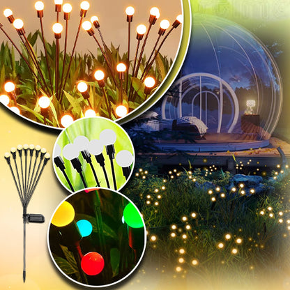 Un collage met en scène Lucio-Light™ de lecoledeschats éclairant des plantes ; un chemin encercle un dôme avec des ampoules multicolores exposées. Cette lampe solaire pour jardin, installation facile sans fil, crée une ambiance nocturne enchanteresse.