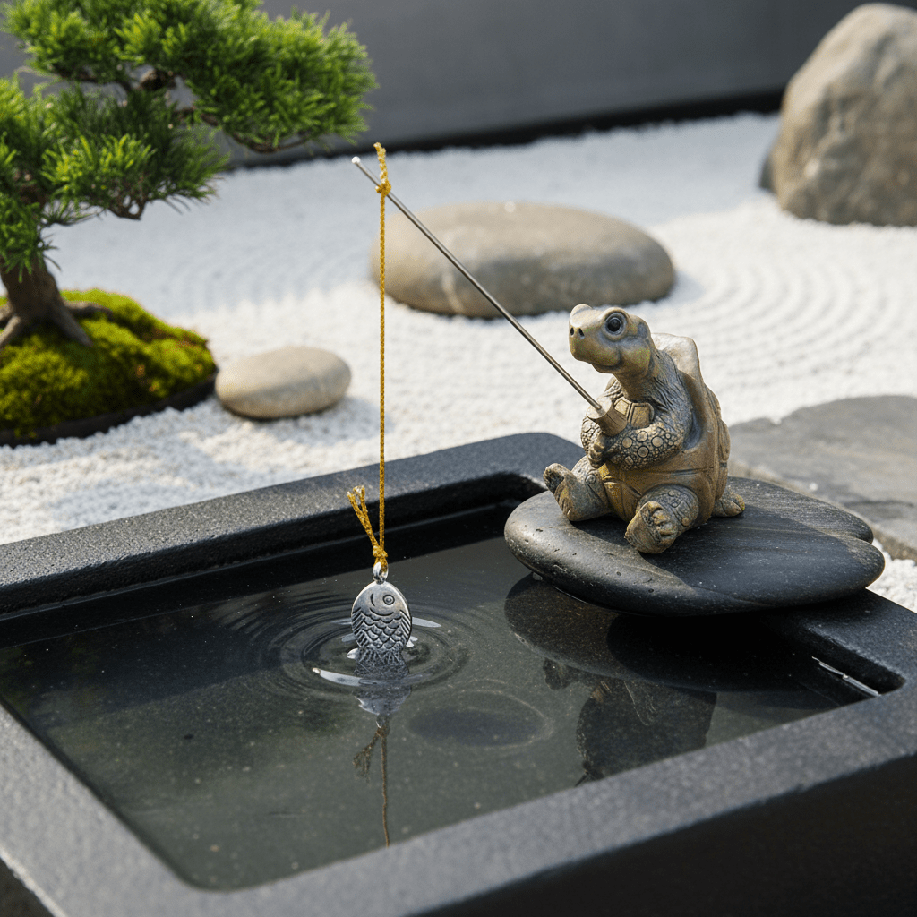 Bassin jardin zen décoration jardin tortue pêcheuse résine scène narrative humoristique contemplative ambiance apaisante