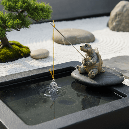 Bassin jardin zen décoration jardin tortue pêcheuse résine scène narrative humoristique contemplative ambiance apaisante