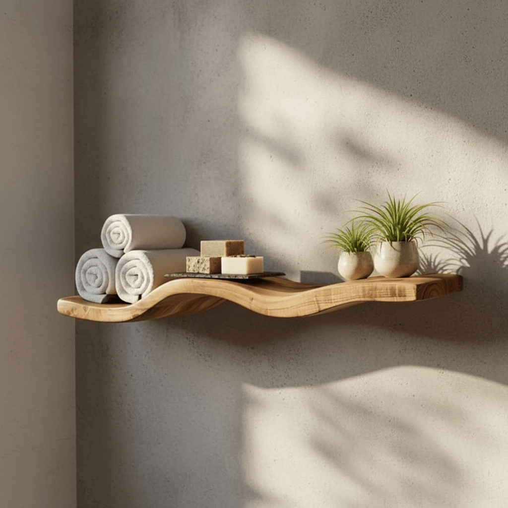 étagère flottante bois dans salle bain moderne béton avec serviettes savons artisanaux plantes aériennes spa naturel