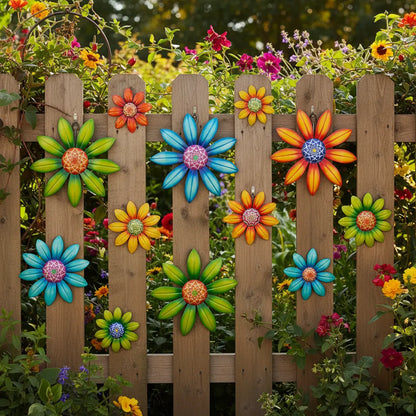 Décoration extérieur jardin fleurs métal bleu vert orange clôture bois arrangement coloré