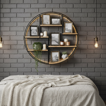 Étagère murale ronde chambre bois avec structure métallique noire, rangement flottant pour cadres photos et bougies décoration industrielle vintage