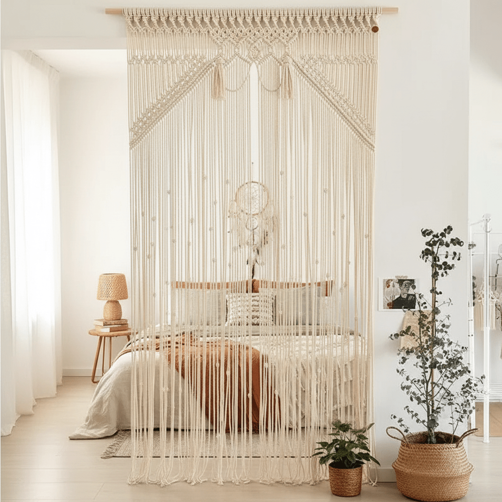 Rideau macramé beige séparateur espace chambre bohème créant zone intime avec lumière naturelle douce