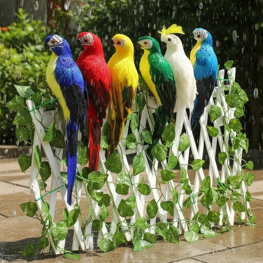 Décorations jardins perroquets résistant UV intempéries mousse plumes durable