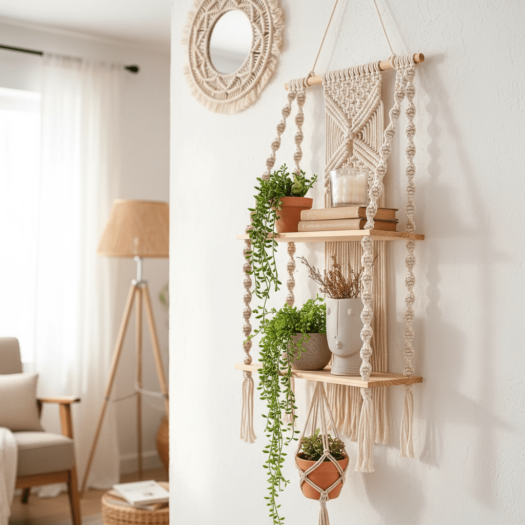Étagère murale salon bohème macramé beige 2 niveaux avec plantes et objets décoratifs, rangement artisanal tissé main
