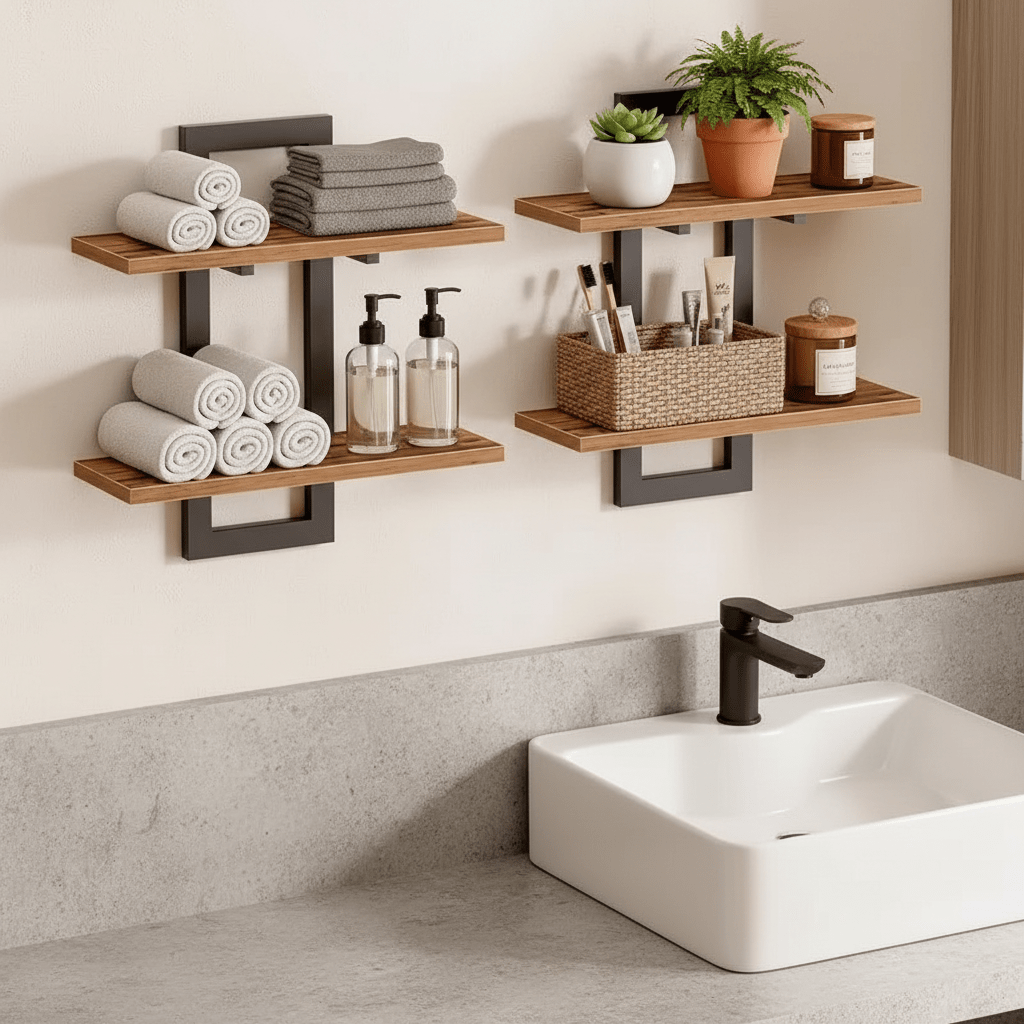 Étagère murale salle de bain bois double niveau avec cadre métallique, rangement flottant pour serviettes et produits style industriel épuré