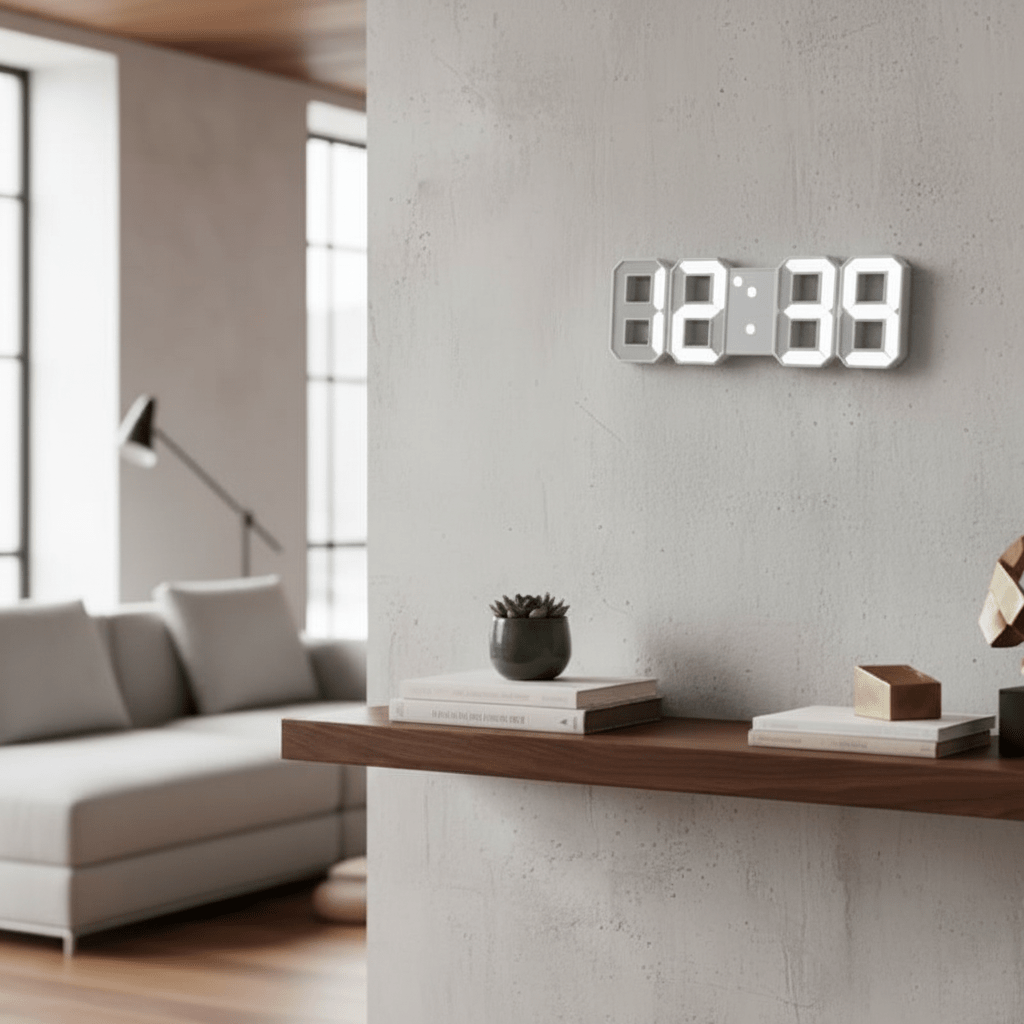 Horloge murale numérique LED blanc salon au-dessus canapé point focal lumineux